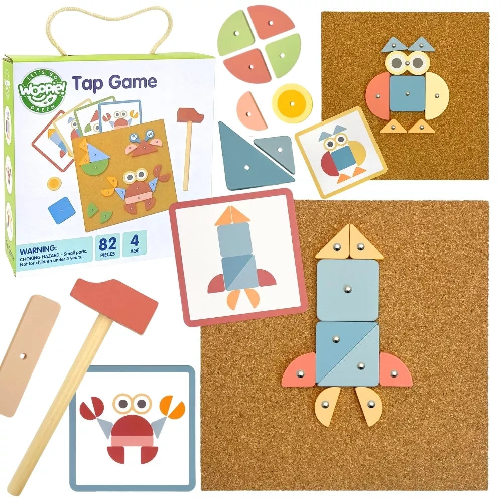 WOOPIE GREEN medinis dėlionės plaktukas su vinimis, 20 raštų, 82 vnt.